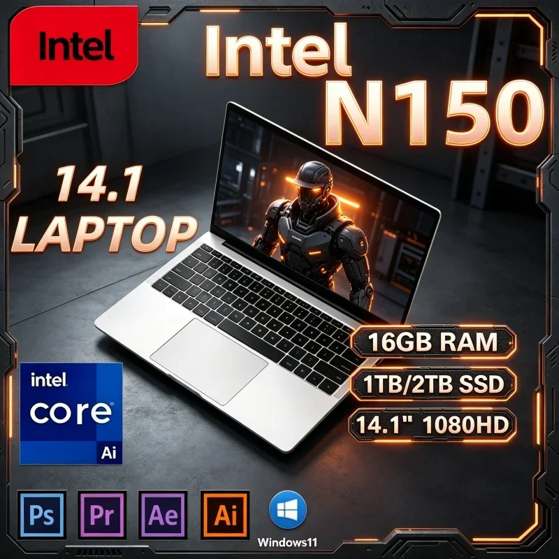 Hot Lightweight Ultra Slim 14.1' Laptop Intel Core N150 16GB 32GB 2TB Win11 Pro 1920*1080 HD Office Study Gaming PC