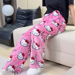 Kawaii Sanrio Hello Kitty piżamy spodnie Y2K Cartoon czarny śliczne kobiety miękki pluszowy pogrubienie spodnie ubrania kobiece spodnie na co dzień