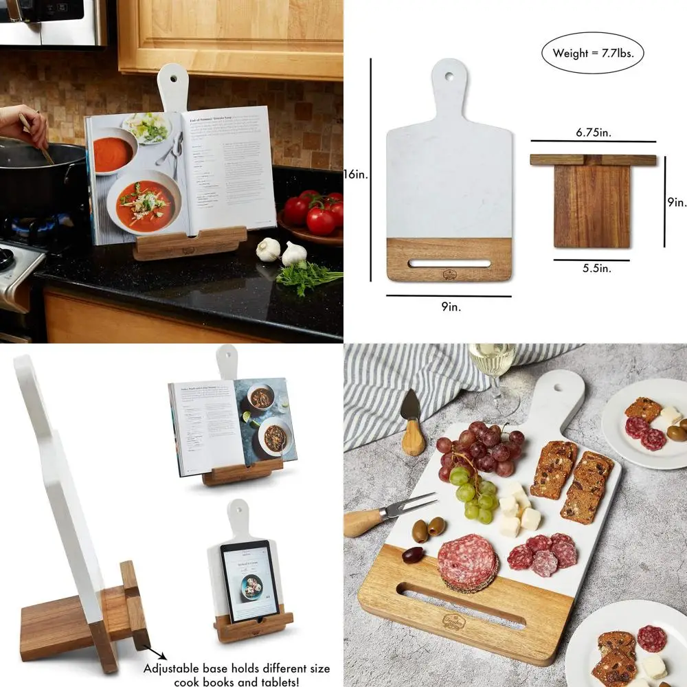 

Original Patented Cookbook Holder & Charcuterie Board - Elegant White Marble Cheese Board - Perfect Gift for Christmas, Mother's