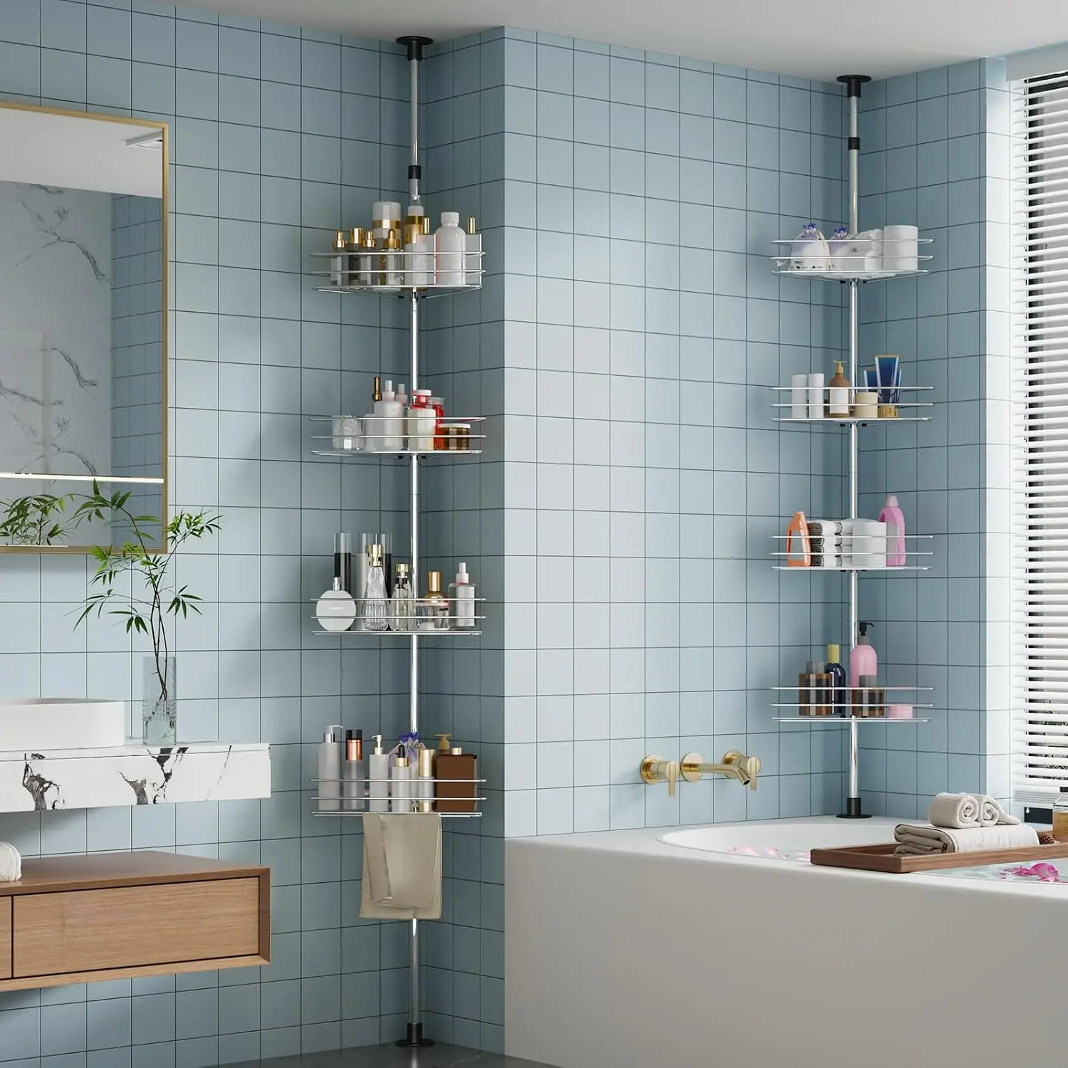 Bathroom Corner Shower Tension Pole Rust Proof Telescopic Rod Four-Layer 4 Tier Storage Rack Shower Organizer Stainless Steel Decor Shelf