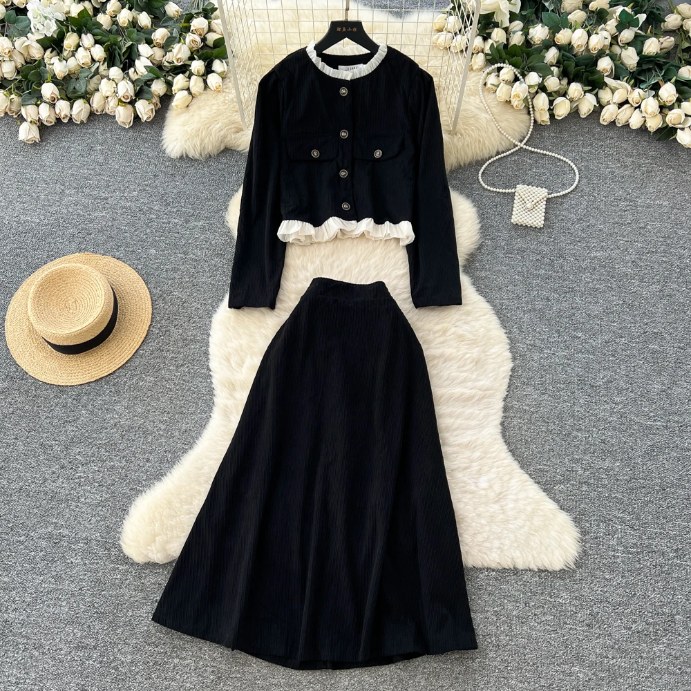 Sexy Two Pieces Sets Chic Single Breasted O-Neck Top with Pleated  High Waist A-line Skirt Vacation Sets