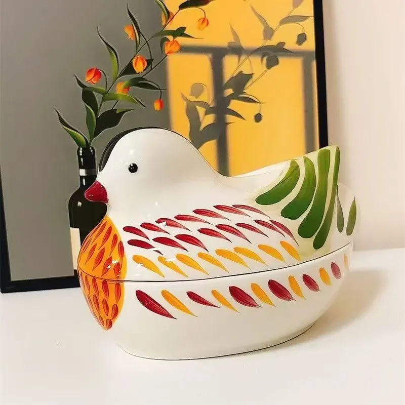 Ceramic Soup Pot with Bird Lid Noodle Rice Salad Bowl for Home Restaurant Hotel Use