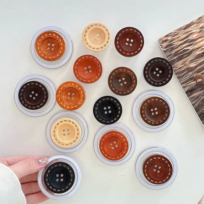 Circle Brown Wooden Button Mobile Phone Holder Stand Cell Phone Bracket Grip For IPhone 16 17 Samsung Huawei Foldable Hoder