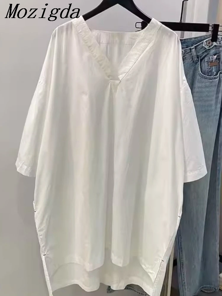

Oversize Summer White V-Neck T Shirt Women Design With Loose Irregular Ladies Tops Shirts Camisa Femenina