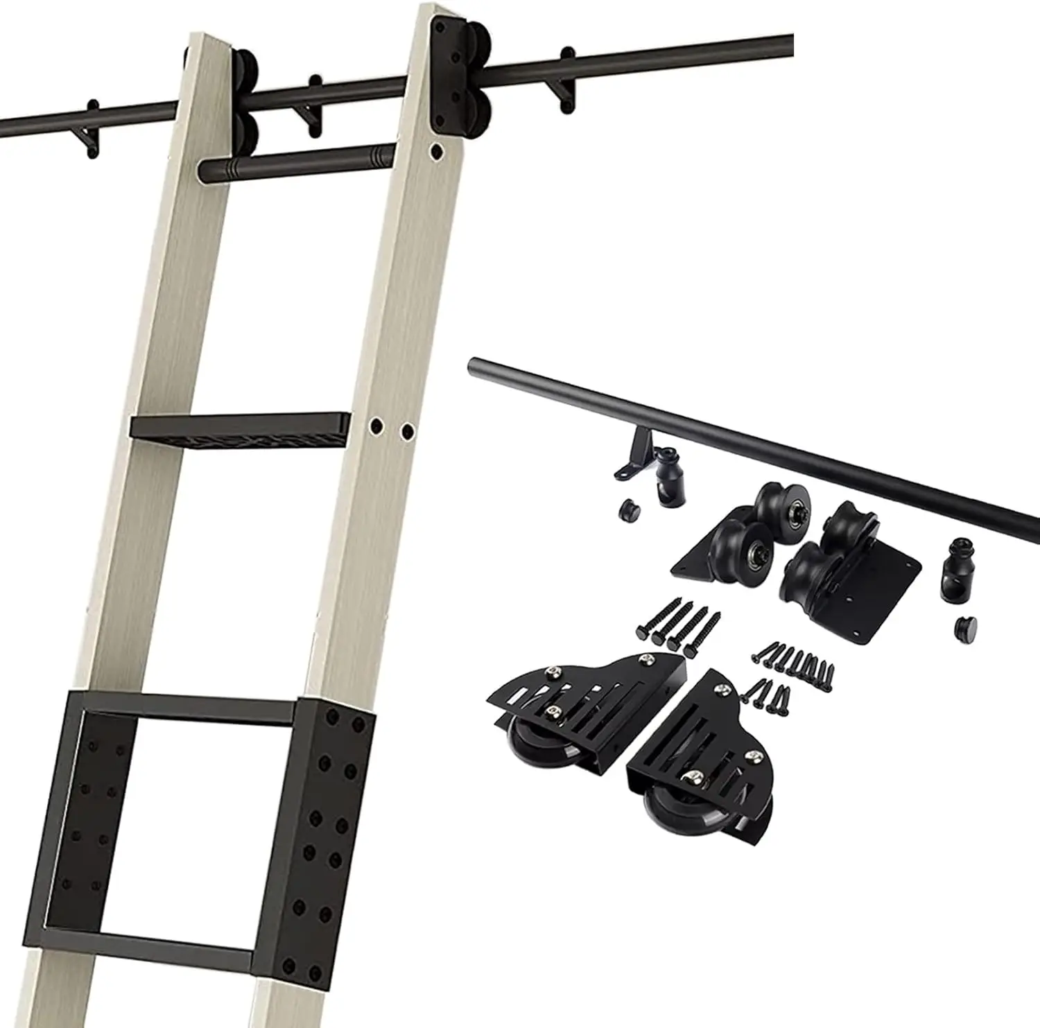 Rolling Library Ladder Hardware Kit (No Ladder), Black Metal Round Tube Mobile Ladder Tracks With Floor Roller Wheels, For