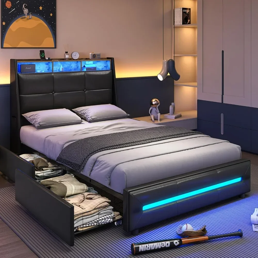 

Twin Bed Frames with 4 Storage Drawers, Charging Station and LED Lights, Upholstered Bed Frame with Button Tufted, LED Bed Frame