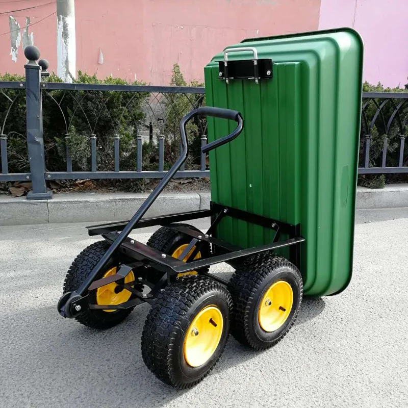 210kg Lawn Garden Handing Tools Utility Cart Farm Wagon Trolleys Plastic Four-wheel Trailer Tipper Small Stall Cargo Carrier