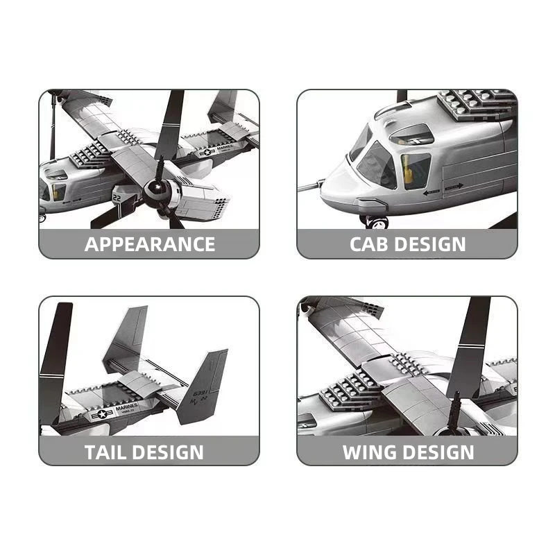 460PCS Blocks VMM-22 1/44 Aircraft Bomber Fighter Building Blocks Classic Construction Educational Toys Fighter Assembly Toys