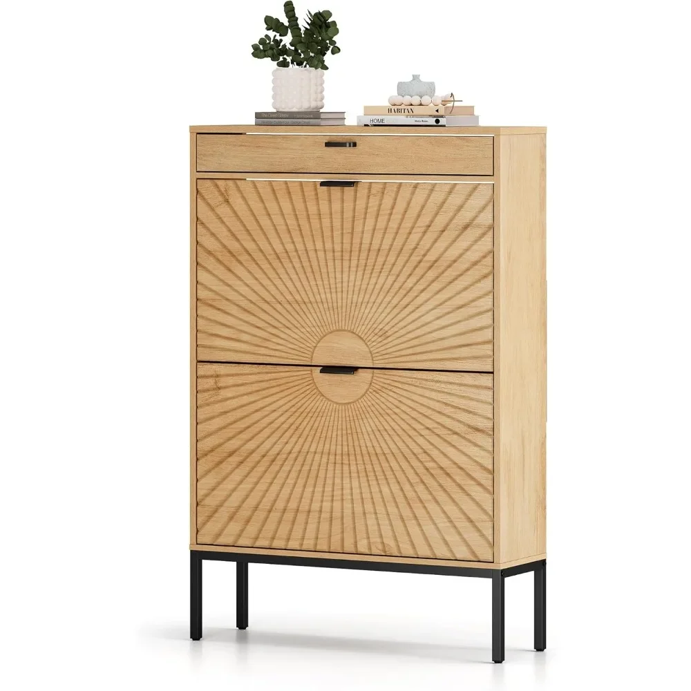 

Shoe Cabinet, Natural Semi Circle Rattan Shoe Storage Organizer Cabinet with 2 Flip Drawers, Freestanding Shoe Rack w/ Adjustabl