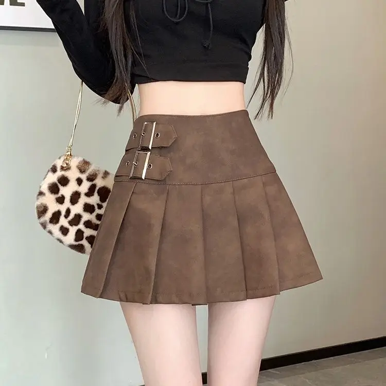 American Style Fashion Autumn Winter Women Solid Zipper Simplicity Chic High Waist Short Slim A-line PU Leather Pleated Skirt