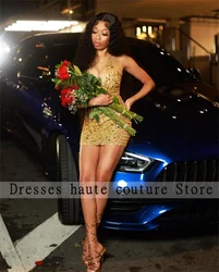 Sexy Black Girl Short Prom Dresses 2025 Gold Crystals See Through Women Cocktail Gowns For Birthday Party Dress Customized