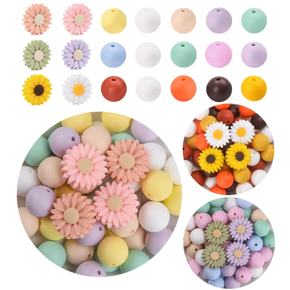 LOFCA 29Pcs Silicone Bead Set Silicone sunflower beads For to make DIY Necklace For Infant Pacifier chain accessories beads