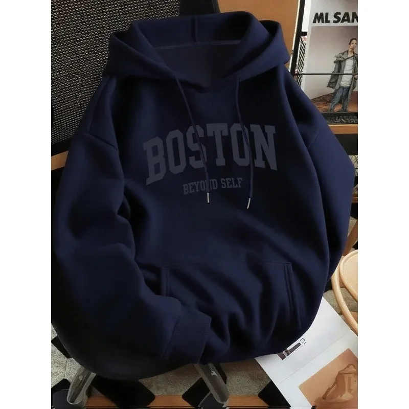 2026 new men's Boston Letter high-end retro printed hooded sweatshirt regular fit casual hooded sweatshirt personalized print