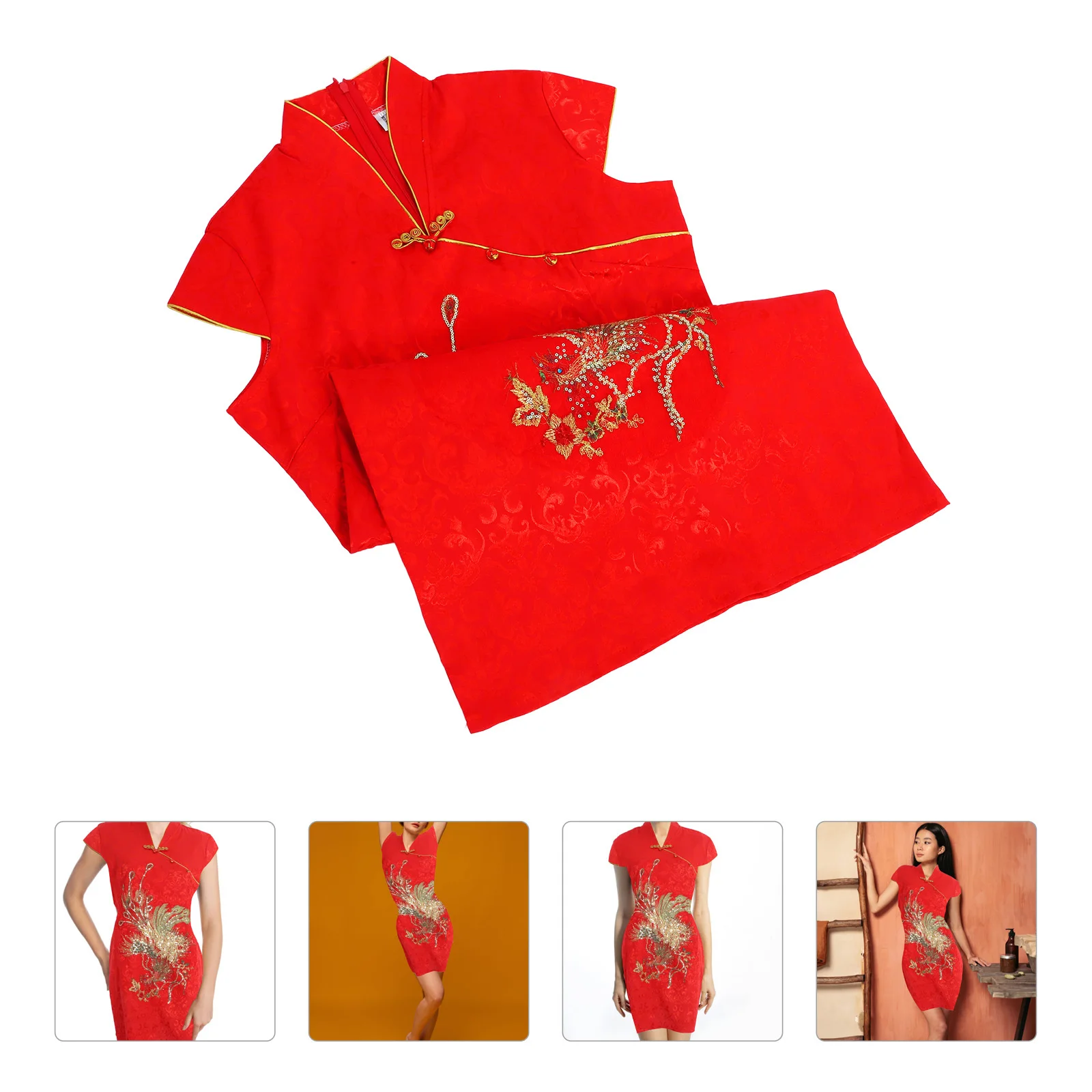 Size L Red Chinese Wedding Cheongsam Traditional Short Sleeve Dress Classic Pattern Design Elegant for Weddings Banquets