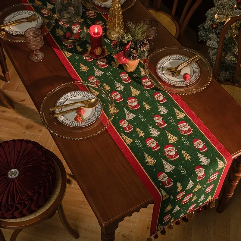 

Retro Merry Christmas Decor Table Flag Luxury Jacquard Cloth Long Tablecloth Festive Bucket Cabinet Cover Towel Table Runner