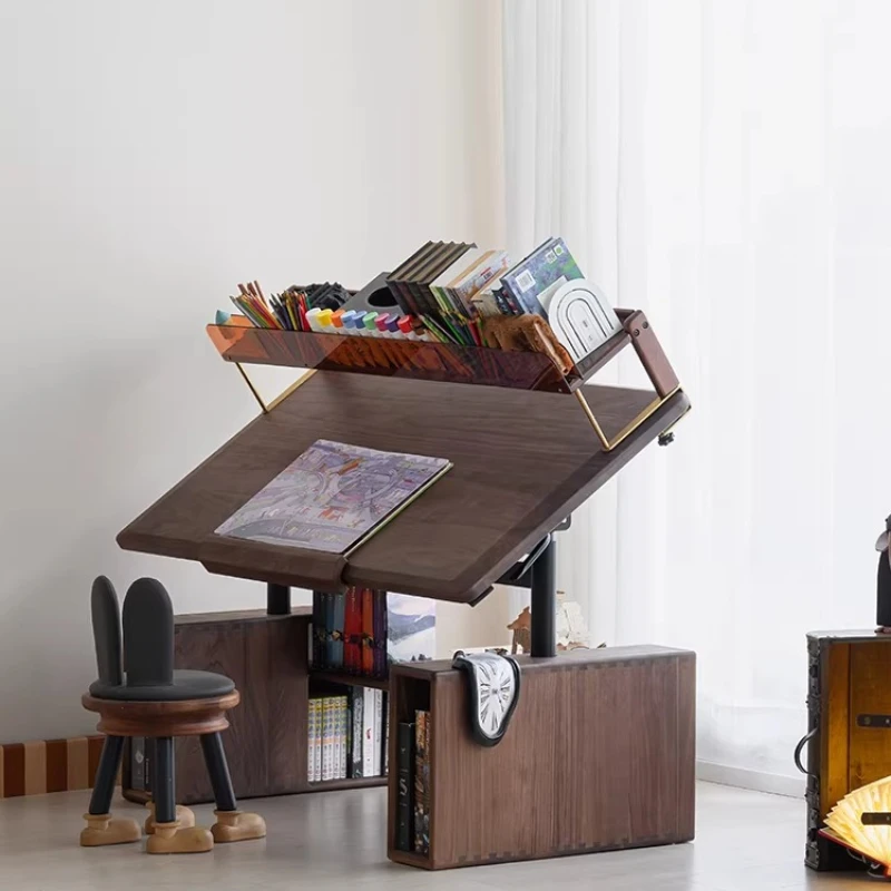 Solid wood retro black walnut hydraulic removable desk learning drawing board table