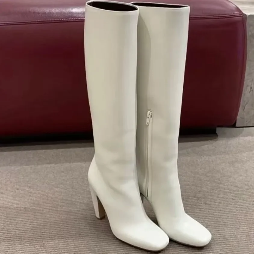 

Women's Round-Toe Chunky Heels White High-Top Knee-High Boots Autumn Winter New Style High-Heeled Slimming Above-The-Knee Boot