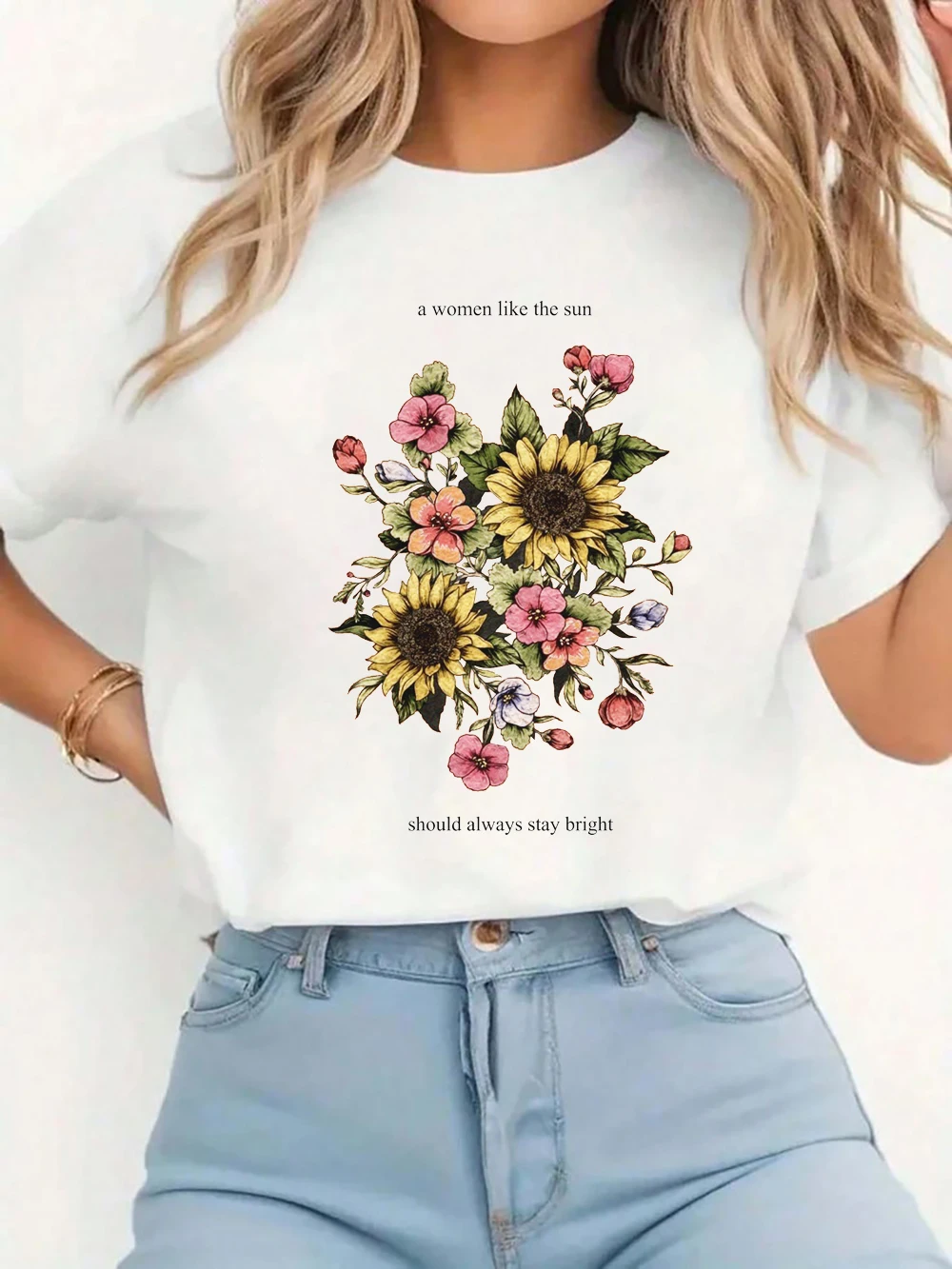 

Sunflower Always Stay Bright Graphic Tee Summer Fashion Casual Funny Flower Women T-Shirt Short Sleeves