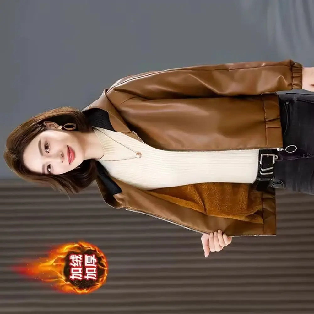 

Autumn Winter Loose Hooded Velvet Warm Imitation Leather Jacket Women Outerwear Fashion Short Leather Jacket Female Casual Tops