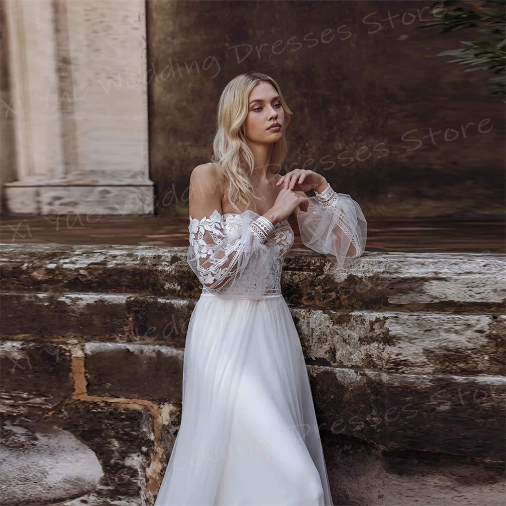 Graceful A Line abiti da sposa da donna bellissime Appliques abiti da sposa in pizzo nuovo affascinante manica A sbuffo Backless Vestido De Noivas