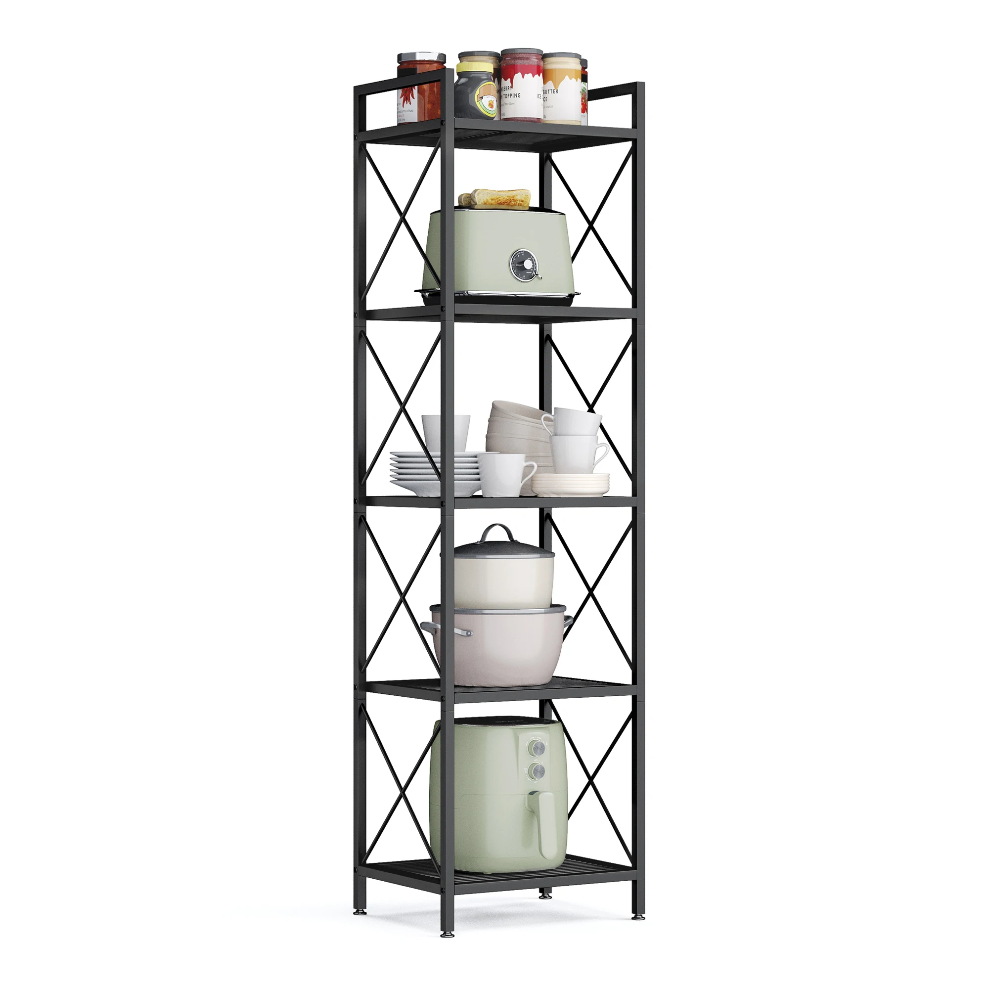 SONGMICS 5-Tier Metal Storage Rack, Shelving Unit with X Side Frames, Dense Mesh, 12.6 x 15.7 x 57.3 Inches, for Entryway