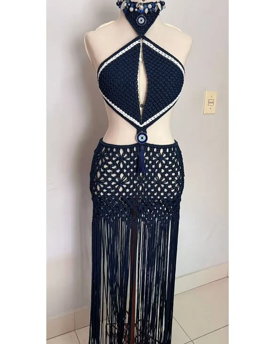 Beachapche Macrame Women's Handmade Crochet Halter Maxi Dress Cutout Waist Fringed Hem Beach Party Outfit