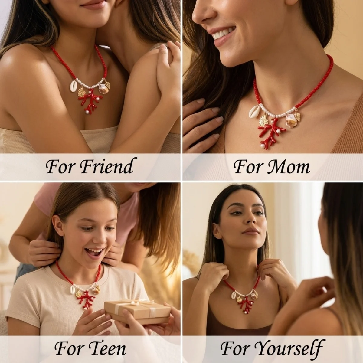 Sommerliche Reisperlen-Halskette mit Korallen- und Muschelanhänger für Damen und Herren – Boho-Muschel-Choker für Urlaub, Party und modische Schmuckgeschenke – Detail 9
