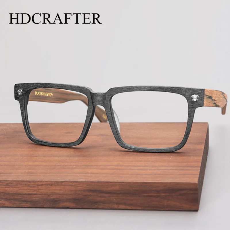 HDCRAFTER High Quality Big 150mm Square Optical Glasses Frame For Men Wood Eyeglasses Prescription Vintage Frame with Clear Lens