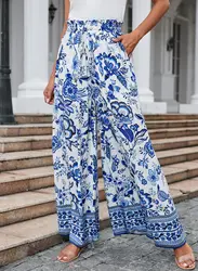 Vintage Print Lace Up Pants Women Casual Loose Wide Leg Trousers Female 2026 Summer Fashion All-match Lady Streetwear Boho Pant