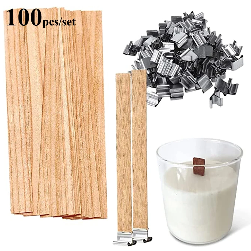 100pcs Wooden Wicks DIY Handmade Candle Jar Making Candle Wick for Soy Wax with Metal Clips at Base Smokeless Wood Core Supplies