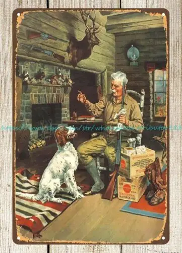 reminton hunter rifle dog cabin metal tin sign home kitchen art lodge cafes