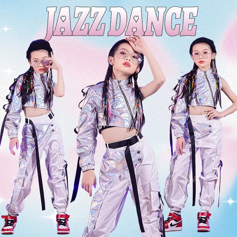 PU Hip-Hop Dance Clothes Reflective Rave Outfit Girl Sets Jazz Dancewear Festival Crop Tops Cargo Pants Catwalk Show Costume