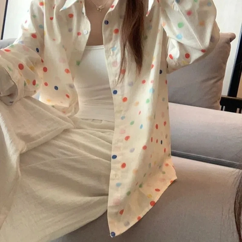 Vintage Polka Dot Printing Loose Shirt Tops Polo Neck All-match Thin Casual Blouse Fashion Korean Spring Autumn Women Clothing