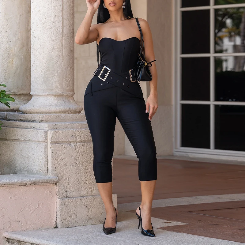

OMSJ Chic Temperament Solid Cross Belted Sleeveless Backless Slim Fit Strapless Sexy Jumpsuit Capri Pants Women Party Streetwear