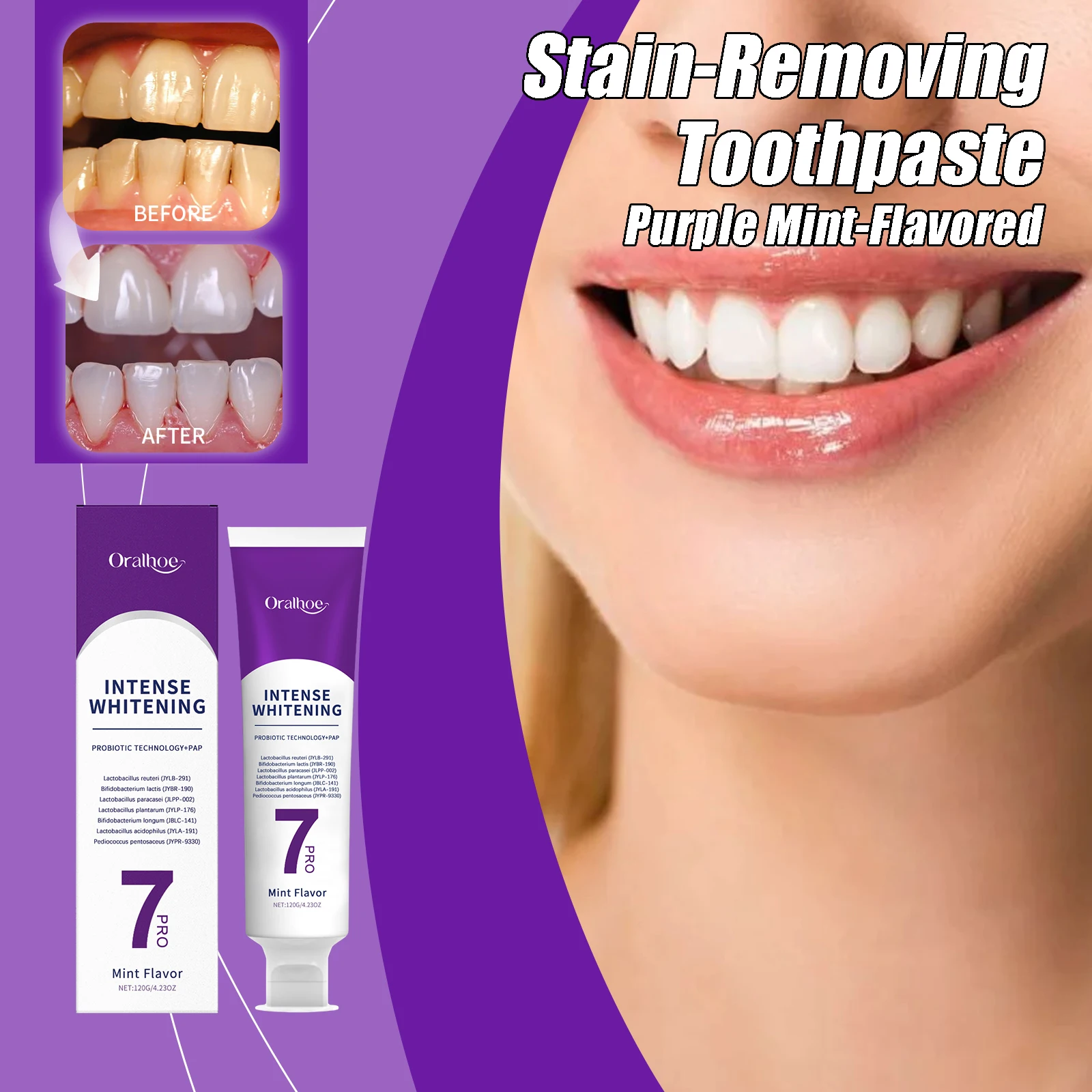 معجون أسنان بنكهة النعناع الأرجواني يزيل بقع الأسنان بشكل فعال، أسنان صفراء تدوم طويلاً، معجون أسنان للعناية بالفم اليومي