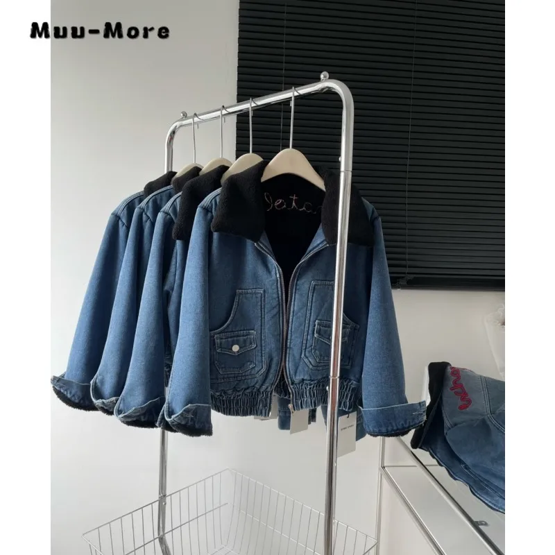 Imagem -03 - Jaqueta Jeans Folgada em Retalho Feminino Cabolsa Jeans Solto Y2k Estilo Casual Coreano Moda de Rua Alta Zíper Outono Inverno 2023