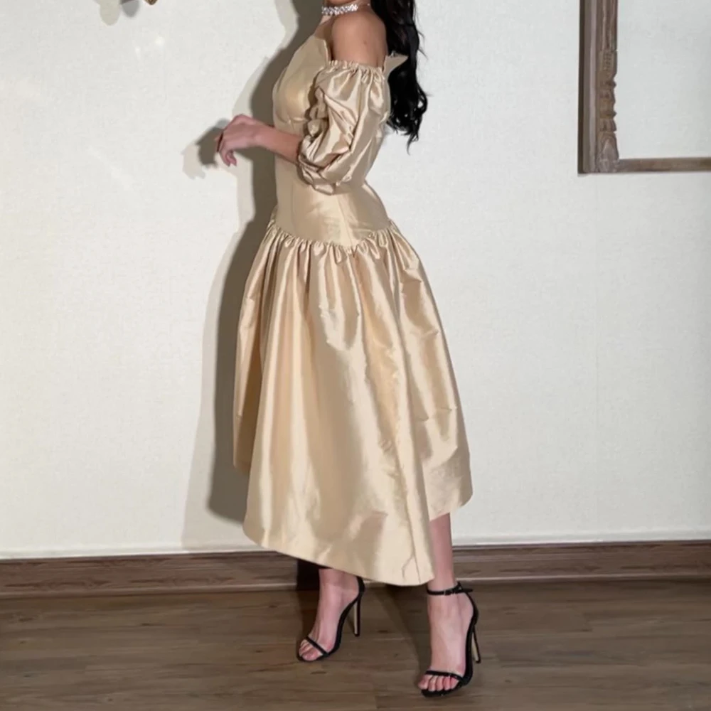 Elegant Pleats Strapless  Ankle Length Evening Dresses Temperament Champagne A-Line Off the Shoulder Long Sleeves Party Gowns