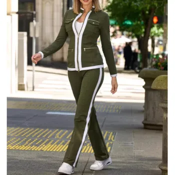 Herfst Nieuwe Mode Tweedelige Set Color Blocking Rits Elegant Office Pencil Suits Vrouwen Casual Bodycon Broek Set Vestido