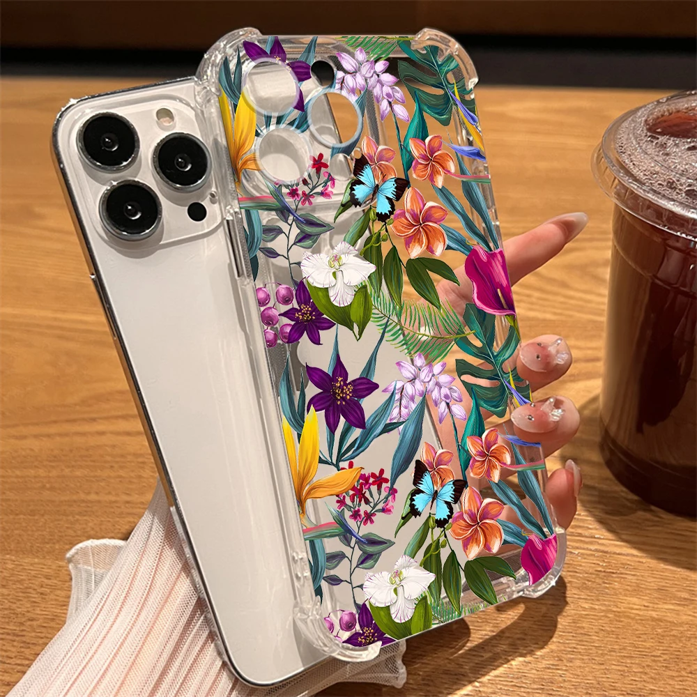 

Flowers Floral Case for IPhone 13 14 ProMax XR XS Max 7 8 Plus SE Hard Back Shockproof Cover for IPhone 12 11 Transparent Capas