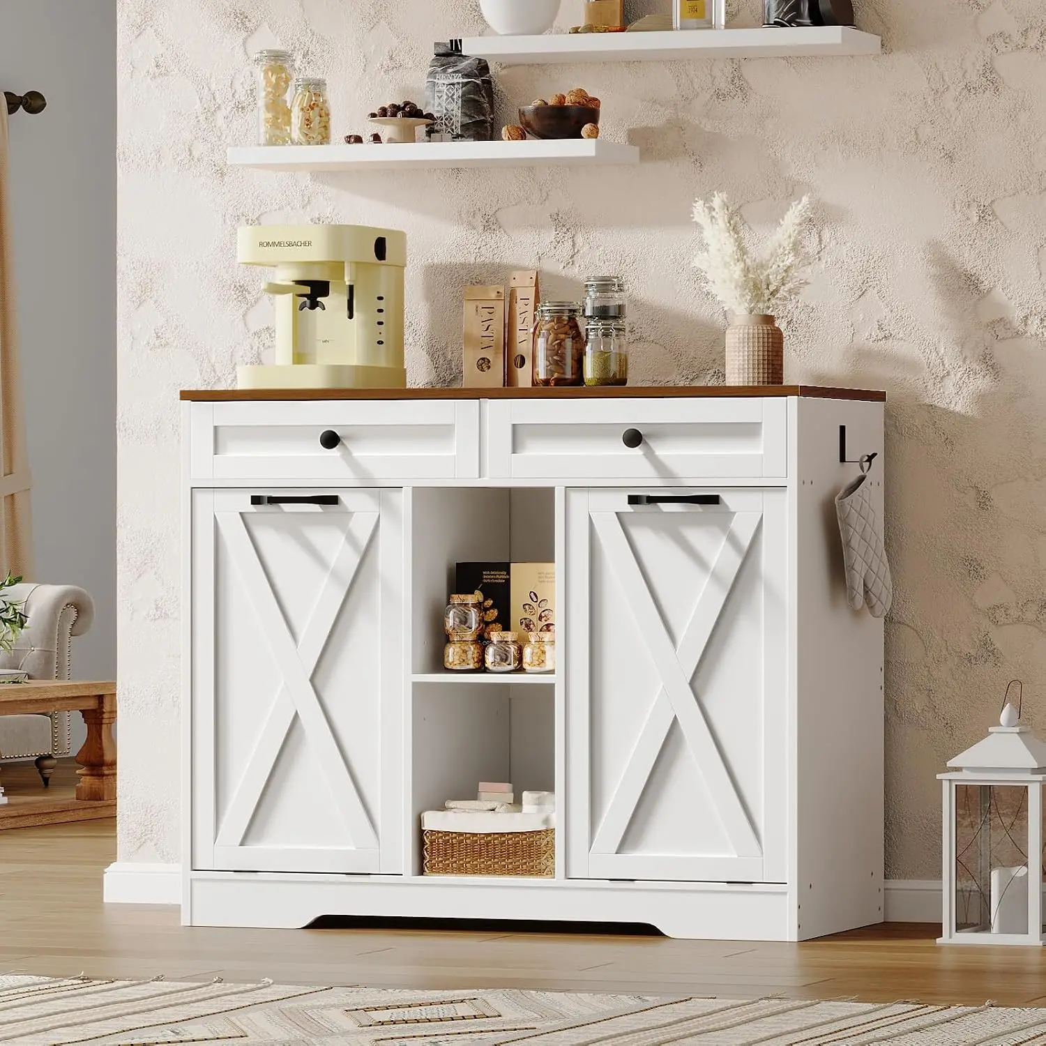Tilt Out Laundry Hamper Cabinet, 23 Gallon Trash Can Cabinet with 2 Drawers & Open Shelving, Wooden Hidden Hamper,, Customized