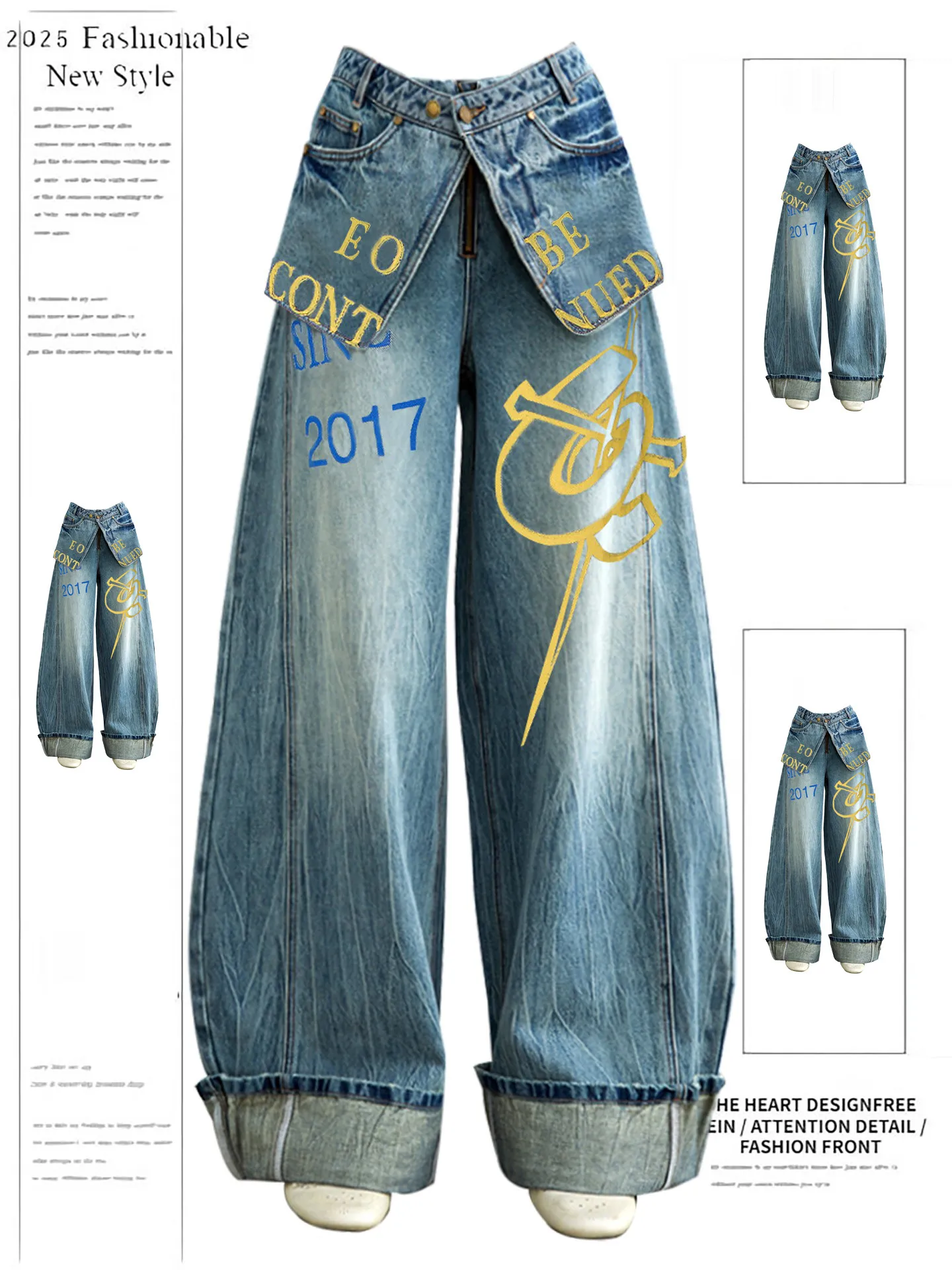 

American Style Retro Print High Waist Wide Leg Pants Women's Spring Summer Autumn Double Waist Layering Jeans Skinnies