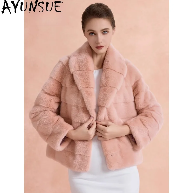 

AYUNSUE Natural Whole Mink Fur Coat Woman Luxury Lapel Stylish Outerwears Warm Long Sleeve Tops for Woman Clothes Пальто Женское