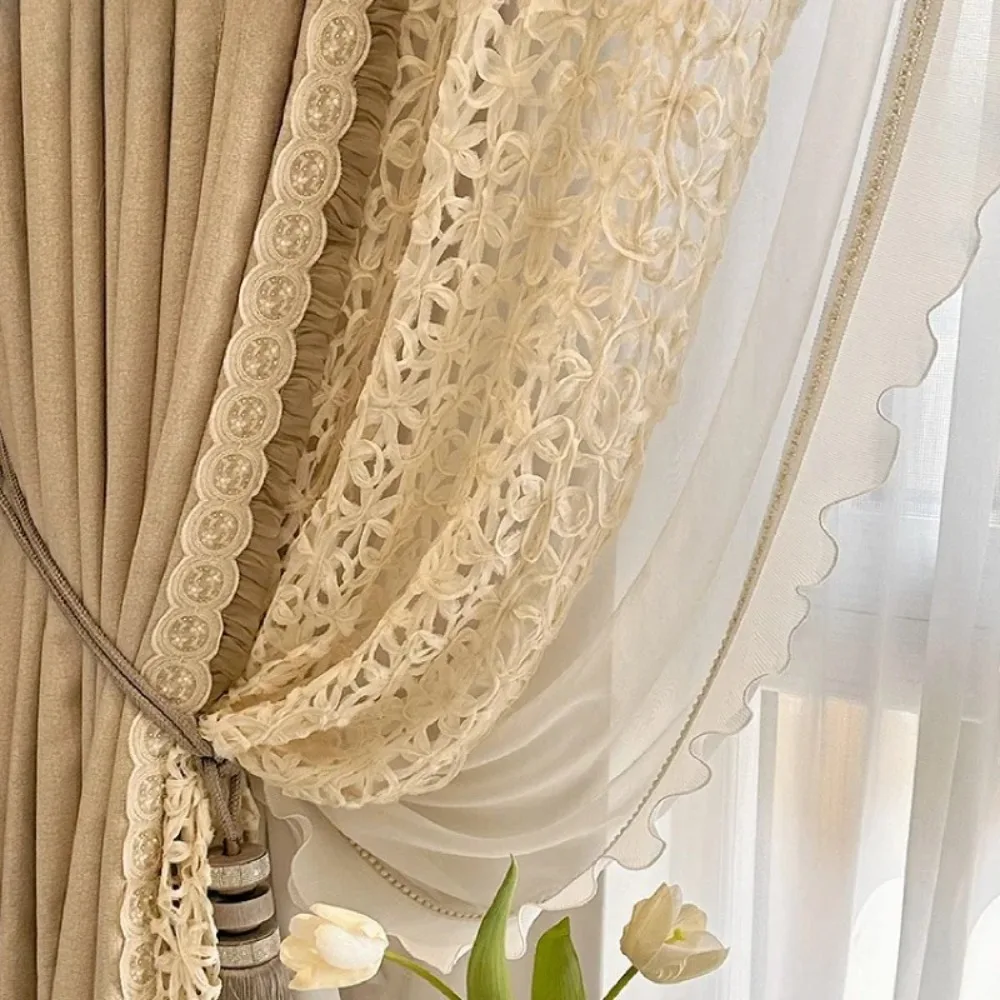 Cream Color Retro Cotton Linen Texture Hollowed Out Lace Bead Lace Curtains for Living Room Bedroom French Window Customized