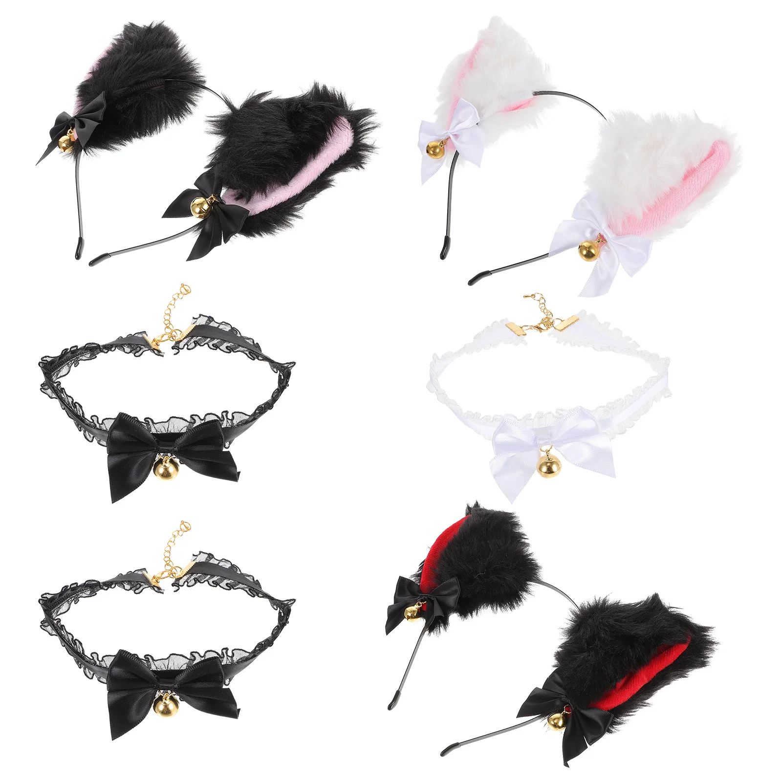 3 ensembles oreilles de chat bandeau nœud dentelle cloche collier Cosplay Performance Costume accessoires oreilles de chat bandeau col en dentelle