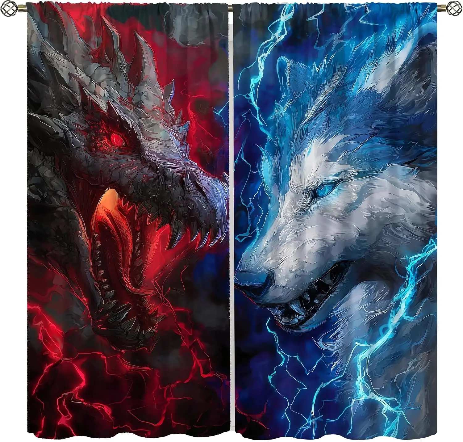 Dragon Wolf Curtain Red Blue Lightning Mythical Beast Contrast Fantasy Art Print Light Filter Drape For Farm Bedroom Kitchen