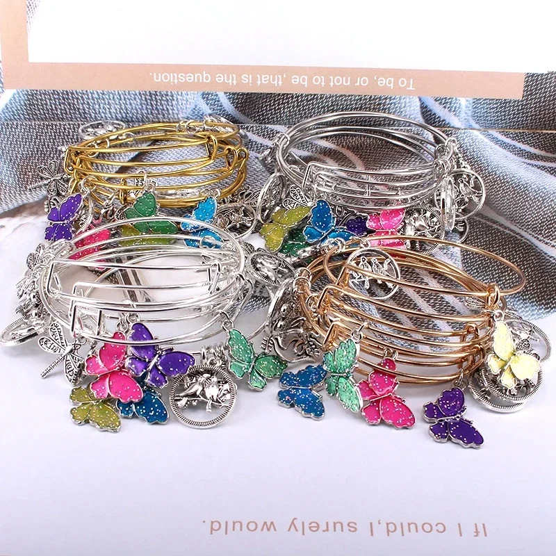 5pcs Bangle Set Butterfly Charm Bracelets for Women Birds Dragonfly Peace Dove Charms Bangles Cuff Jewlery E36