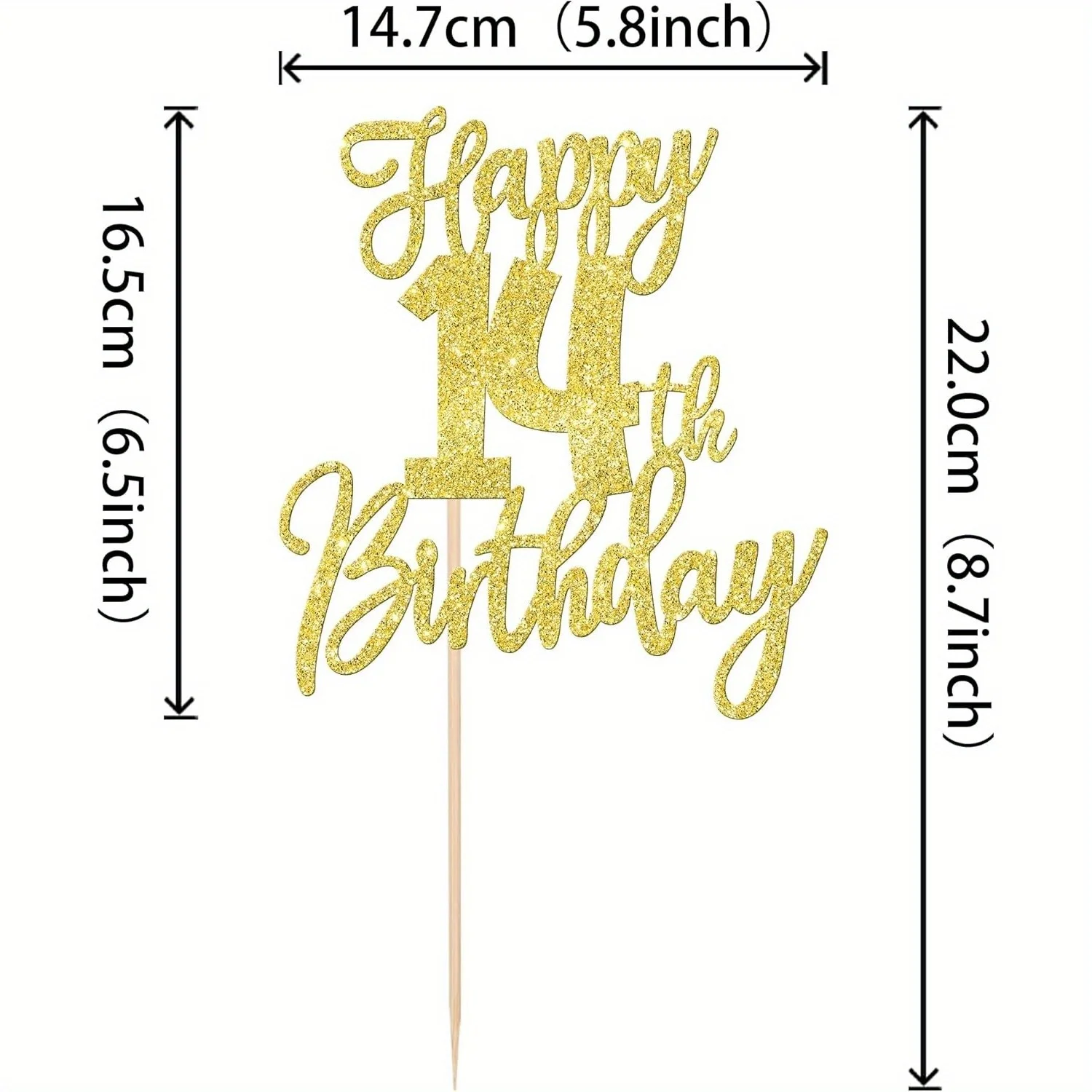 1 Stück goldener Glitzer-Kuchenaufsatz zum 14. Geburtstag – Prost bis 14 Jahre, vierzehn Hallo 14 Kuchendekoration – Detail 2