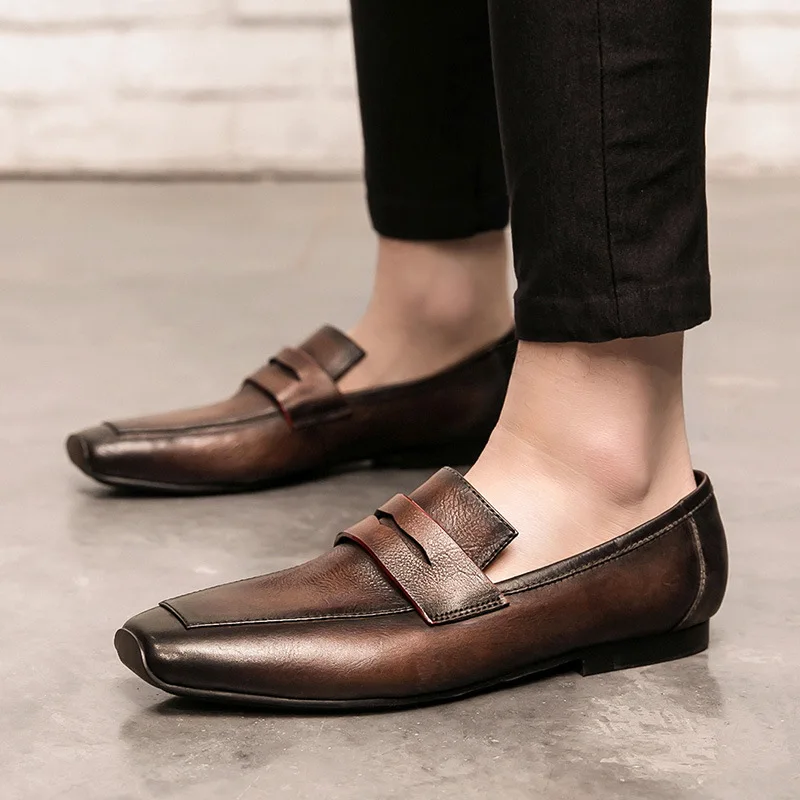 Men's British business casual leather shoes, square toe genuine leather breathable, one-foot loafers trend