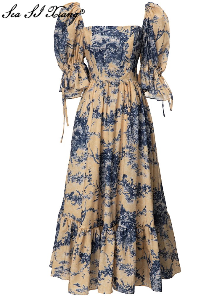 

Seasixiang Fashion Designer Summer Backless Dress Women's Square Collar Flare Sleeve Lace-up Vintage Print Dresses