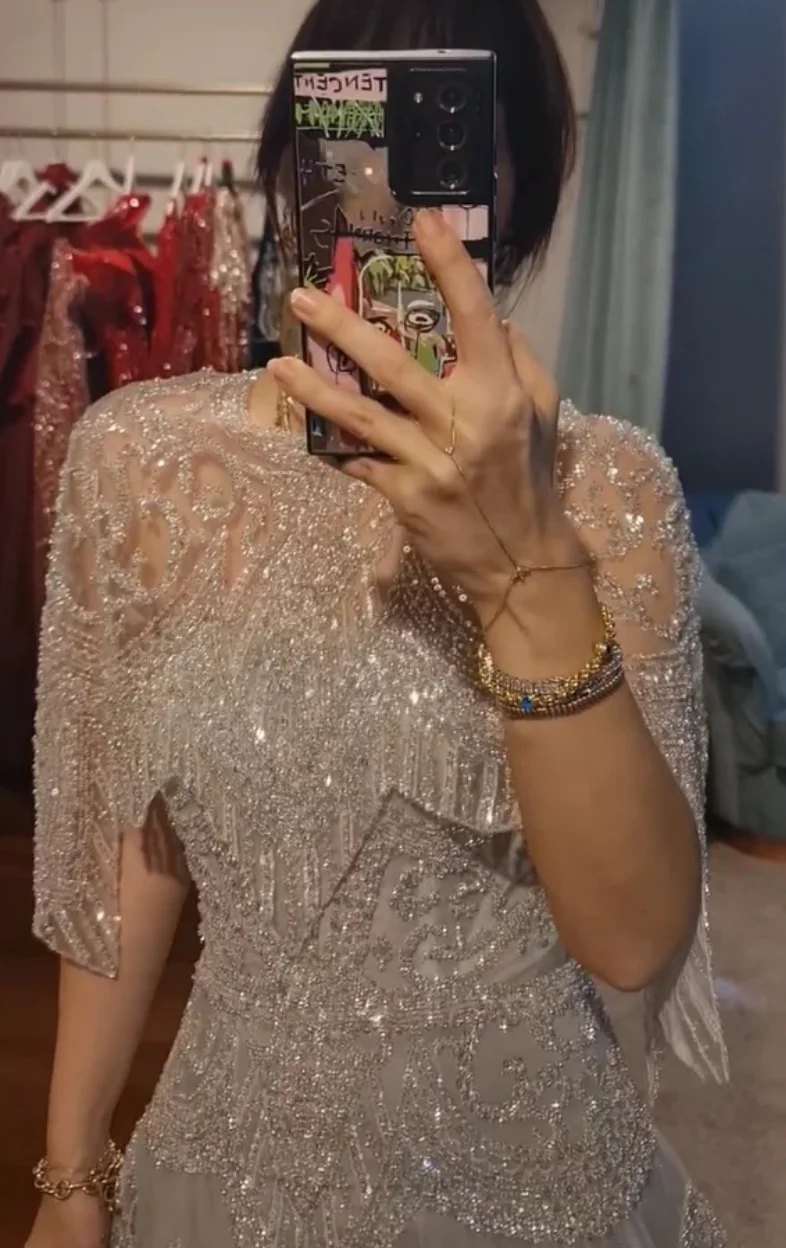 

Custom Made Embellished Removable Cape-neckline Sequins Beading Fully Beads Gems Short Sleeve Formal Gowns Evening Dresses